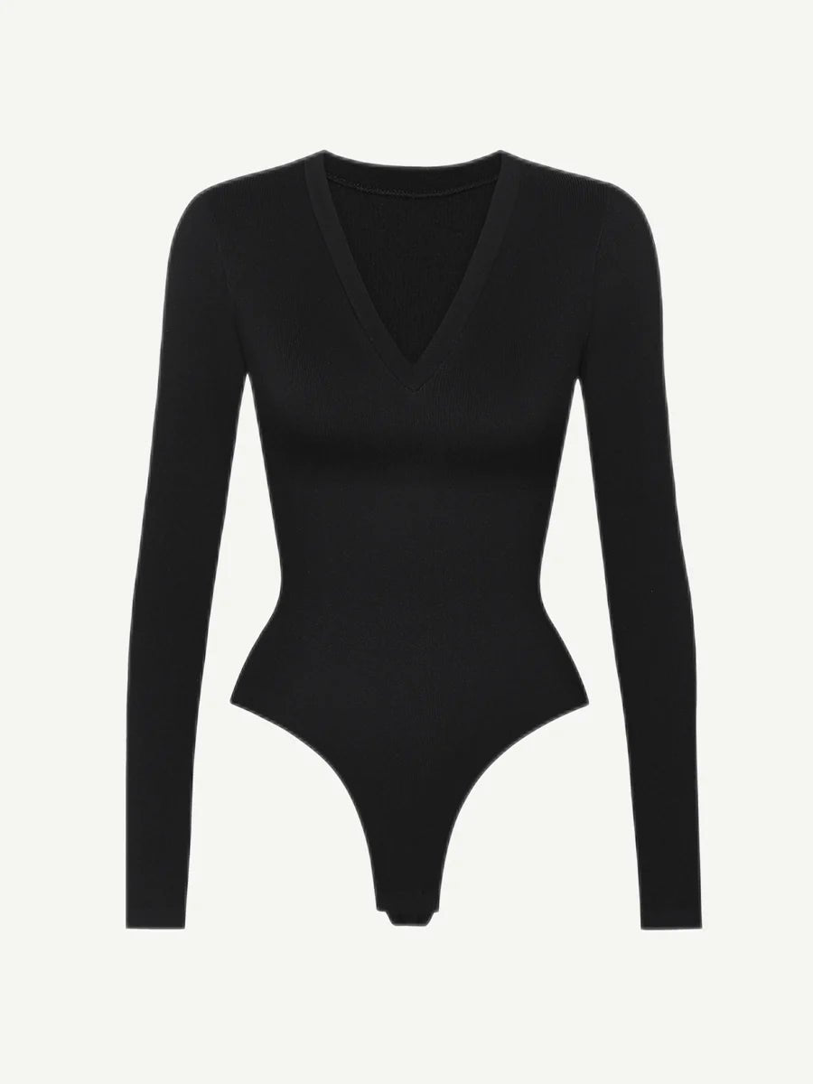 Seamless Long Sleeve Bodysuit – V - Neck & Tummy Control Shaping - LOVIISA