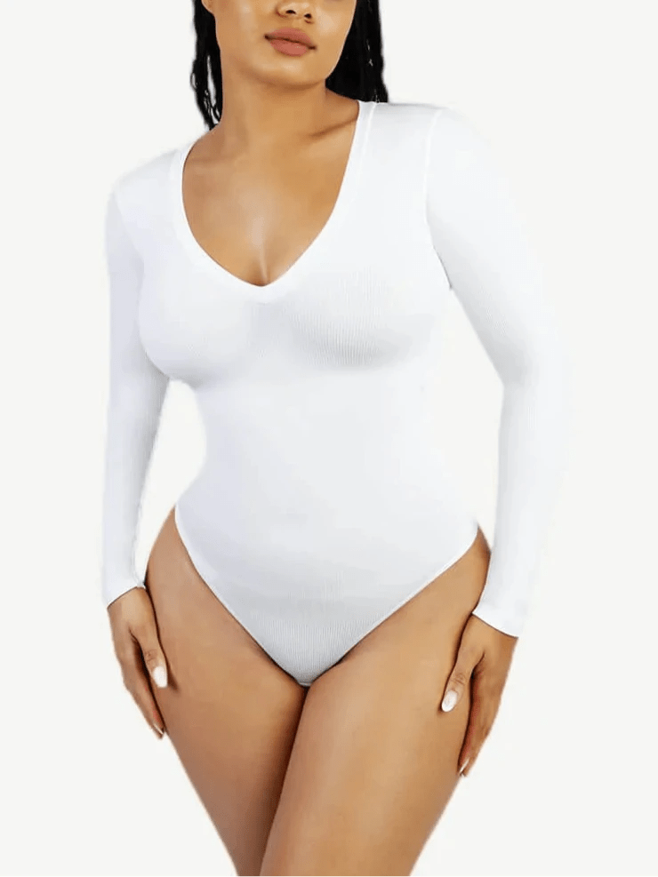 Seamless Long Sleeve Bodysuit – V - Neck & Tummy Control Shaping - LOVIISA