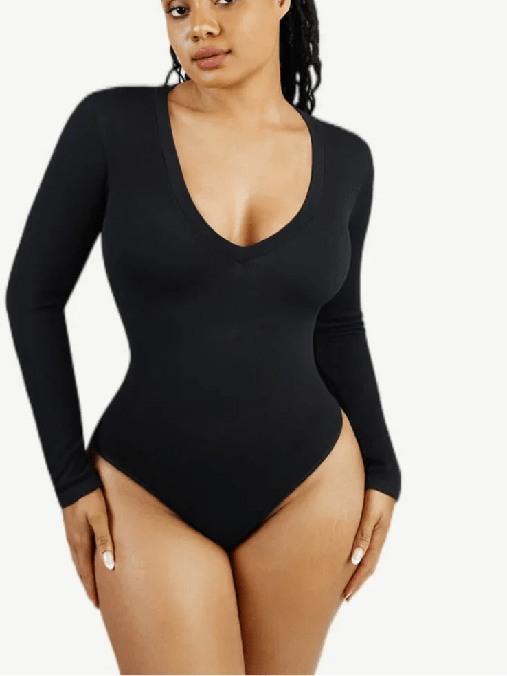 Seamless Long Sleeve Bodysuit – V - Neck & Tummy Control Shaping - LOVIISA