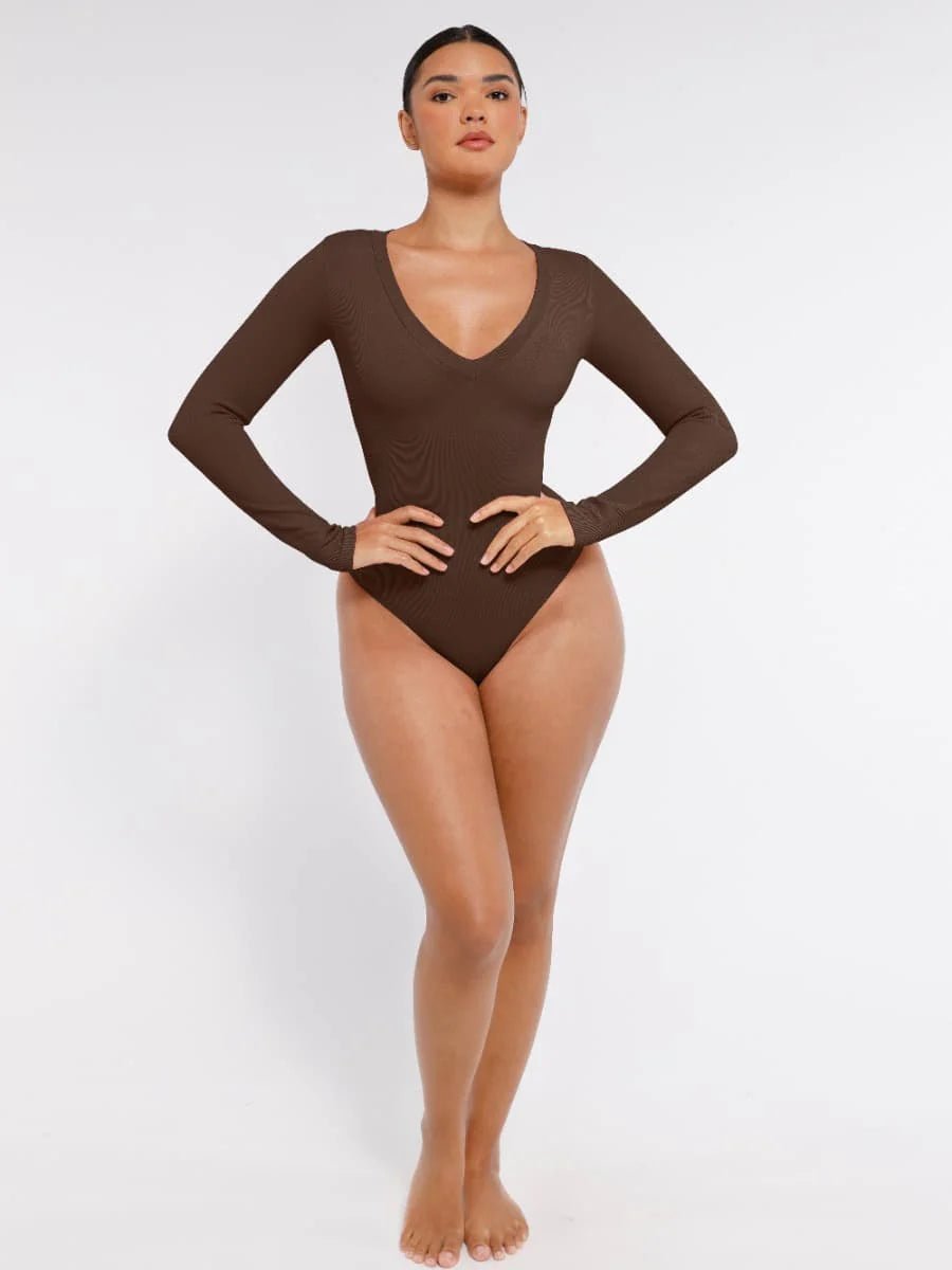 Seamless Long Sleeve Bodysuit – V - Neck & Tummy Control Shaping - LOVIISA
