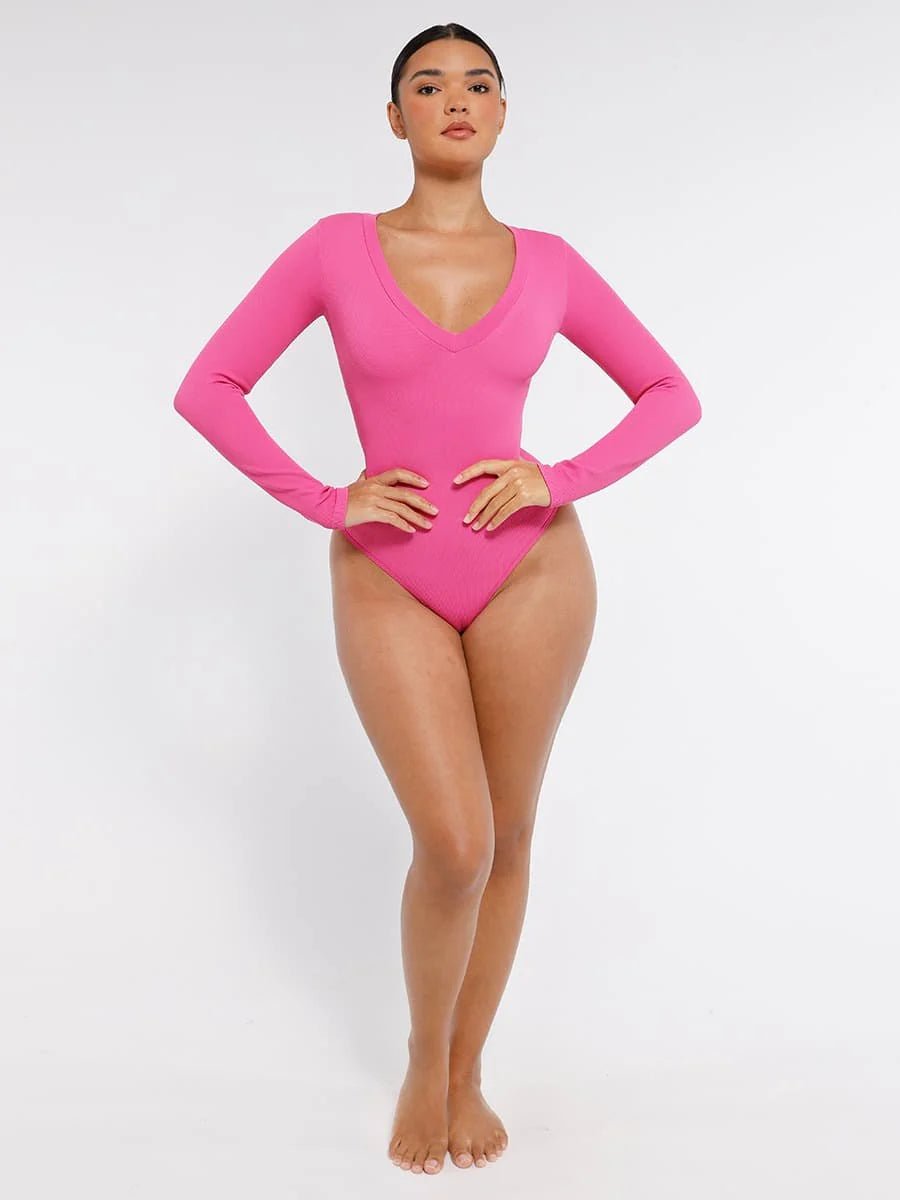 Seamless Long Sleeve Bodysuit – V - Neck & Tummy Control Shaping - LOVIISA