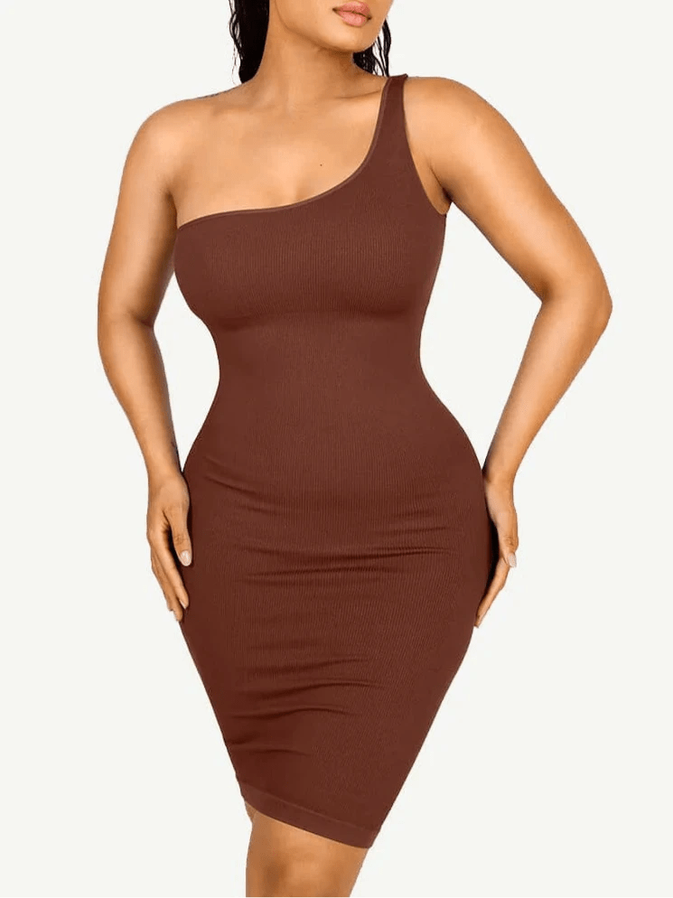 Seamless One - Shoulder Shaper Dress – Slanted Neck & Waist Trimming - LOVIISA