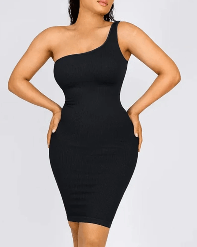 Seamless One - Shoulder Shaper Dress – Slanted Neck & Waist Trimming - LOVIISA