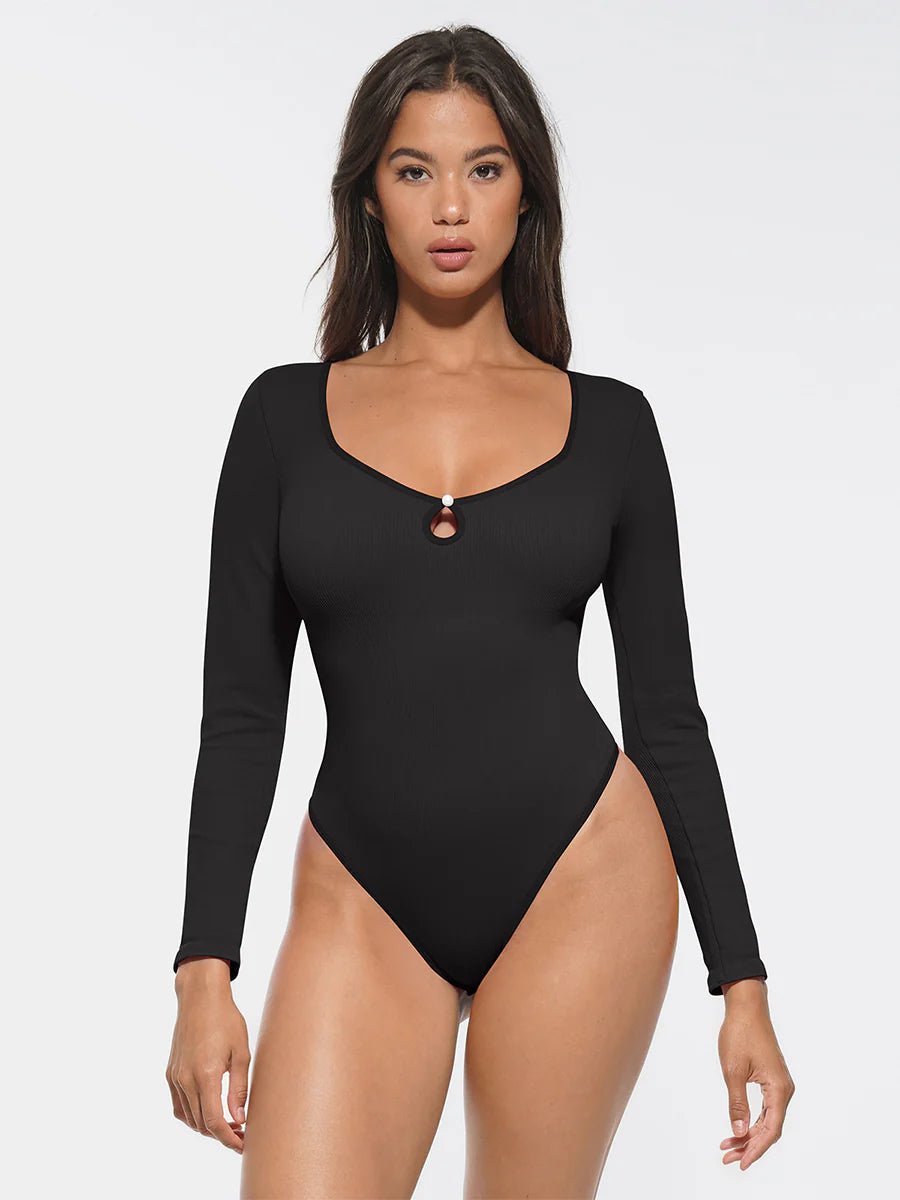 Seamless Ribbed Thong Bodysuit – Hollow Scoop Neck & Tummy Control - LOVIISA