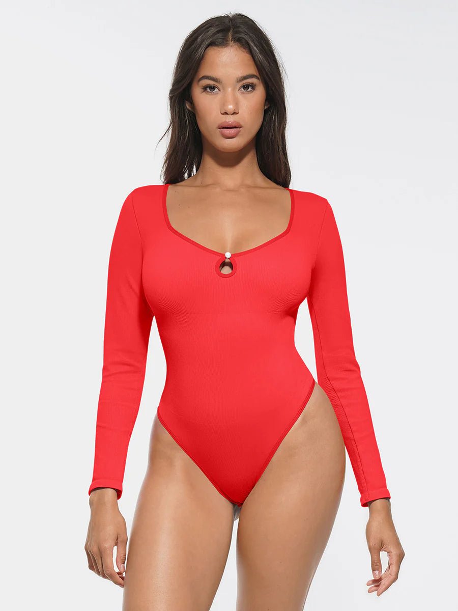 Seamless Ribbed Thong Bodysuit – Hollow Scoop Neck & Tummy Control - LOVIISA
