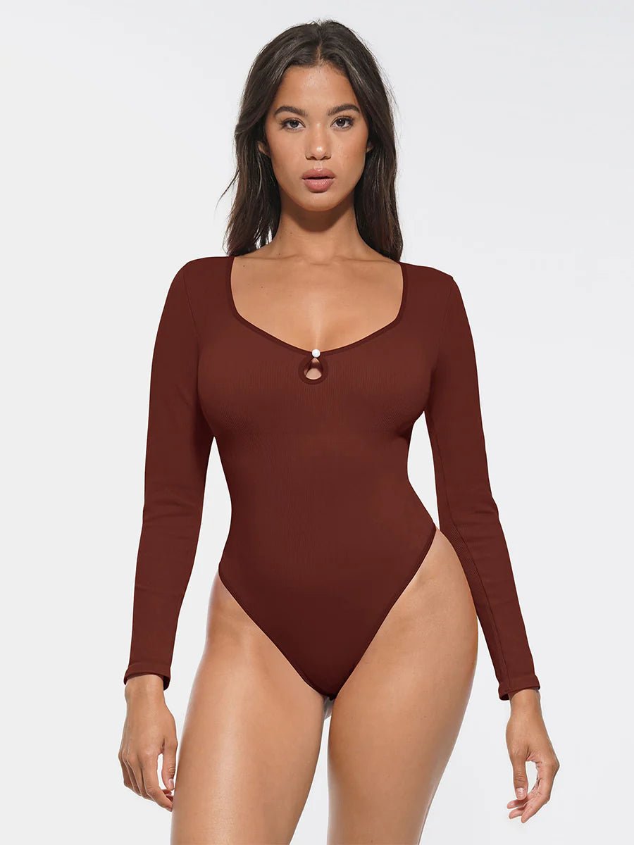 Seamless Ribbed Thong Bodysuit – Hollow Scoop Neck & Tummy Control - LOVIISA