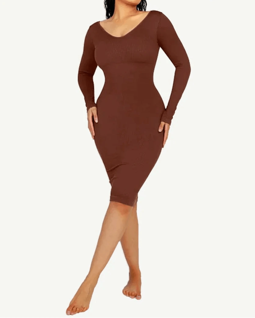 Seamless Shaper Dress – V - Neck, Long Sleeve & Waist Trimming - LOVIISA
