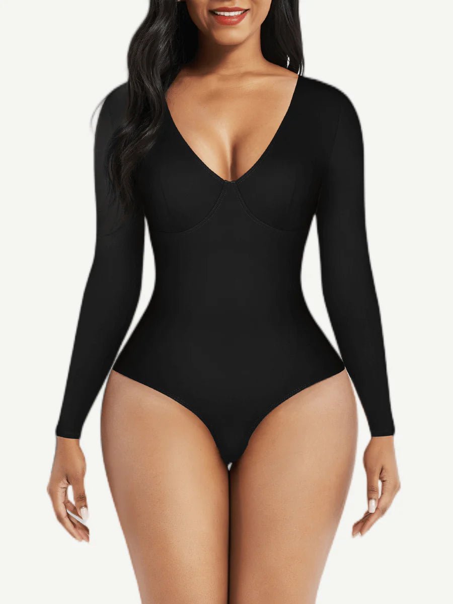 V - Neck Thong Bodysuit – Long Sleeve & Waist Control Shapewear - LOVIISA