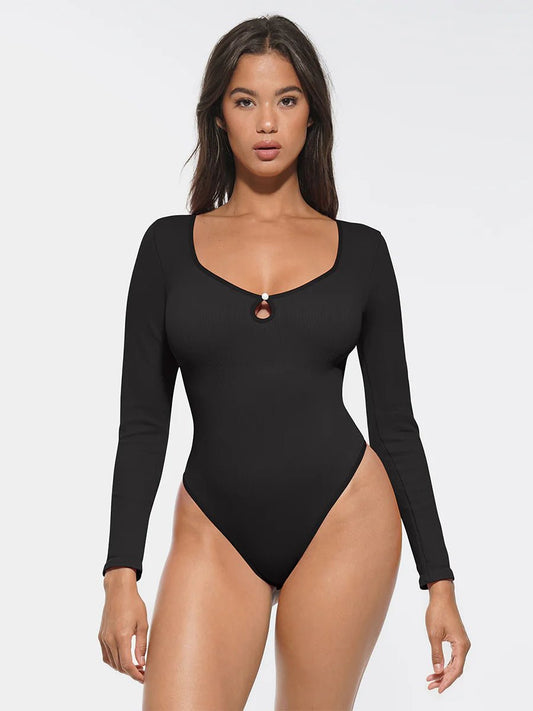 Seamless Ribbed Thong Bodysuit – Hollow Scoop Neck & Tummy Control - LOVIISA
