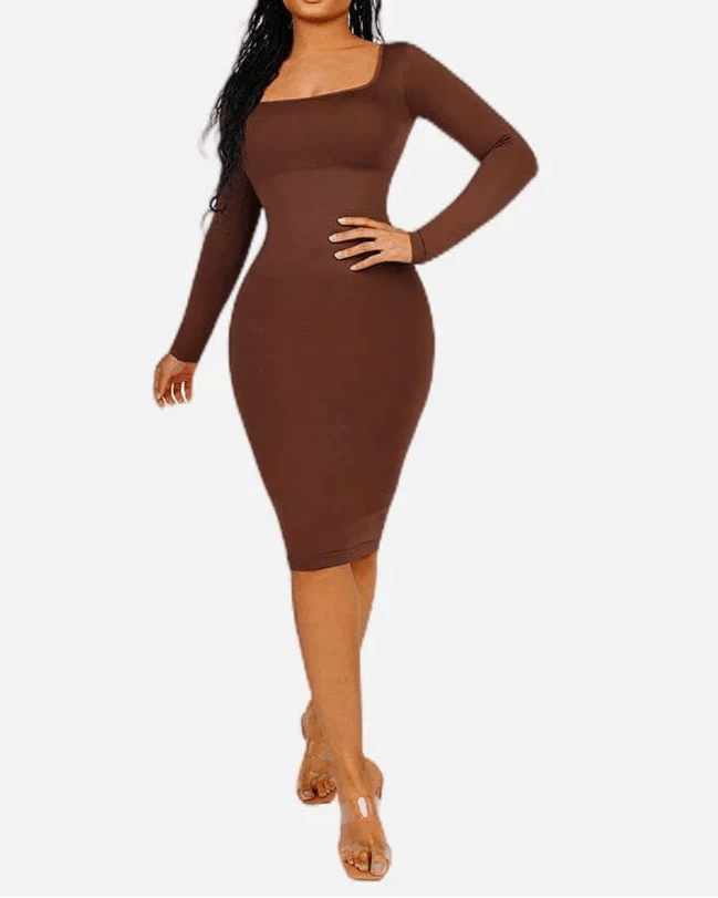 Seamless Shaper Dress – Square Neck & Long Sleeve Sculpting Fit - LOVIISA