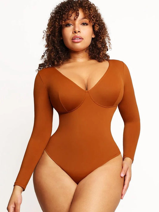 V - Neck Thong Bodysuit – Long Sleeve & Waist Control Shapewear - LOVIISA