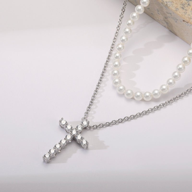 Custom Necklace Zircon Silver Choker Cross Pearl - LOVIISA