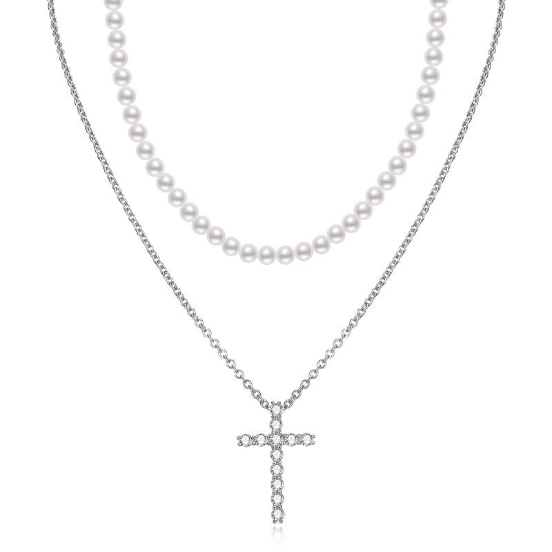 Custom Necklace Zircon Silver Choker Cross Pearl - LOVIISA