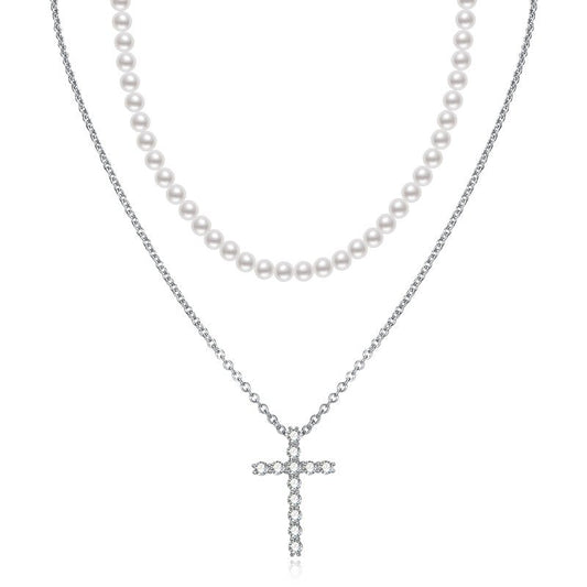 Custom Necklace Zircon Silver Choker Cross Pearl - LOVIISA