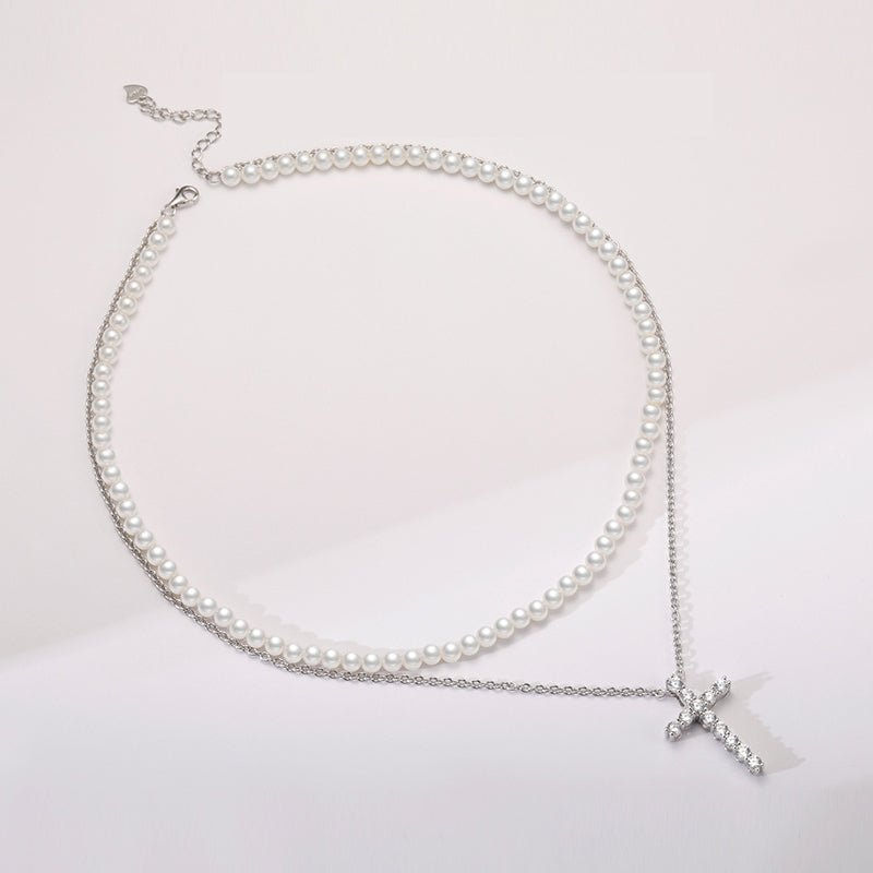 Custom Necklace Zircon Silver Choker Cross Pearl - LOVIISA