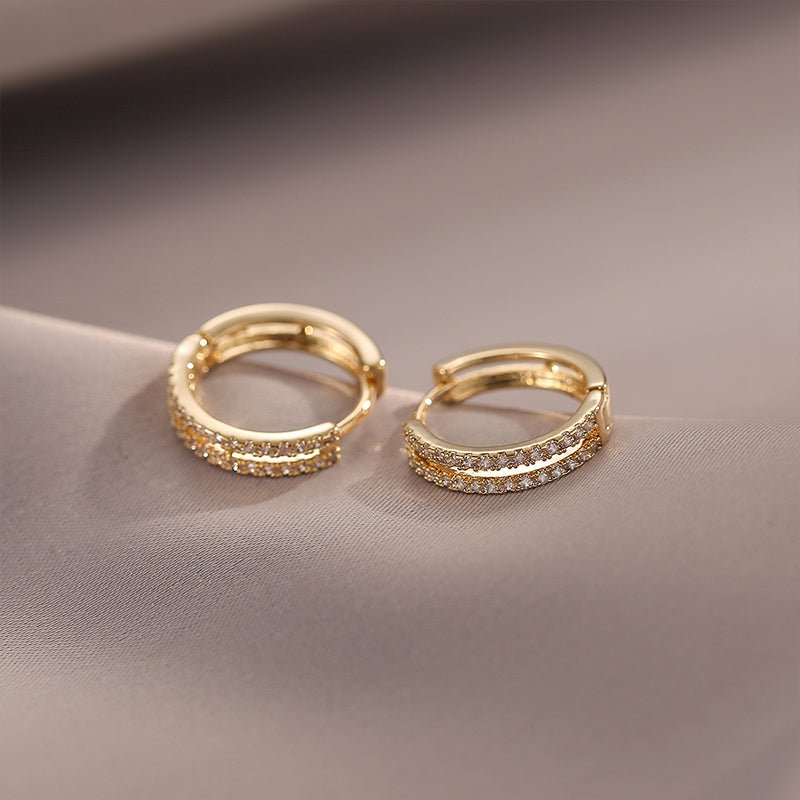 Elegant gold plated pave double row diamond hoop earrings - LOVIISA