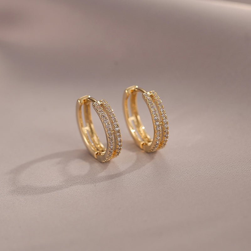 Elegant gold plated pave double row diamond hoop earrings - LOVIISA