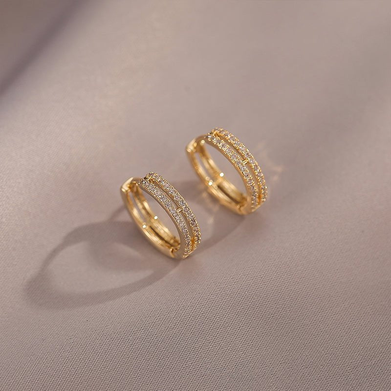 Elegant gold plated pave double row diamond hoop earrings - LOVIISA