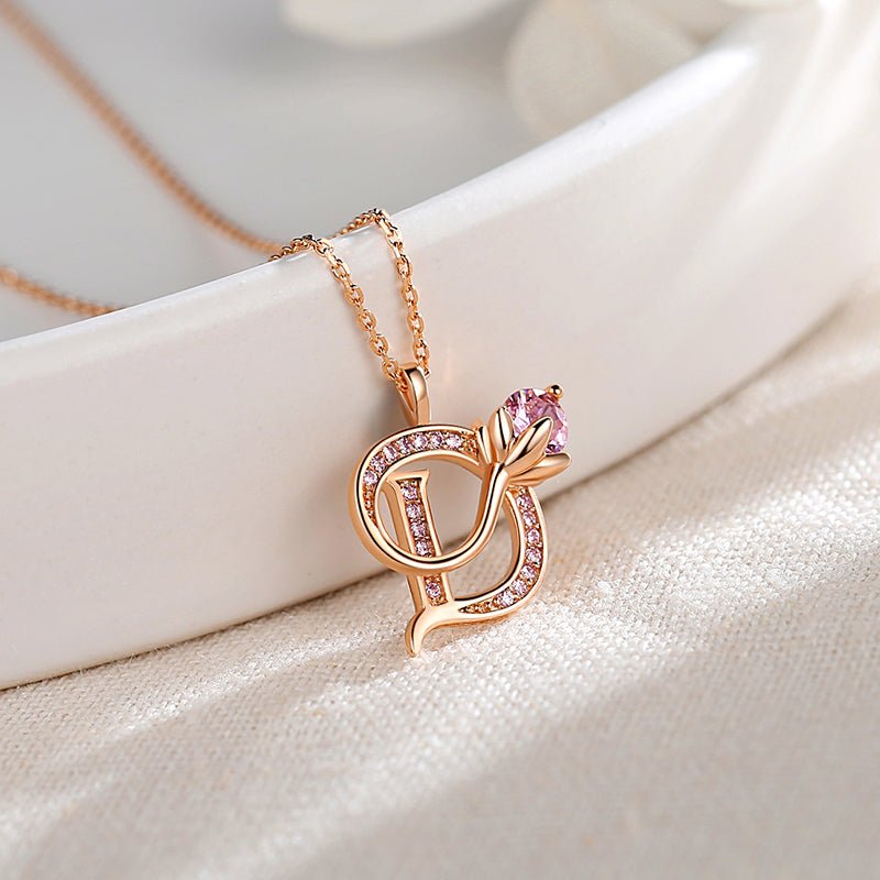 Necklace Cubic Zirconia Stone 925 Sterling Silver Letter D Rose Flower - LOVIISA