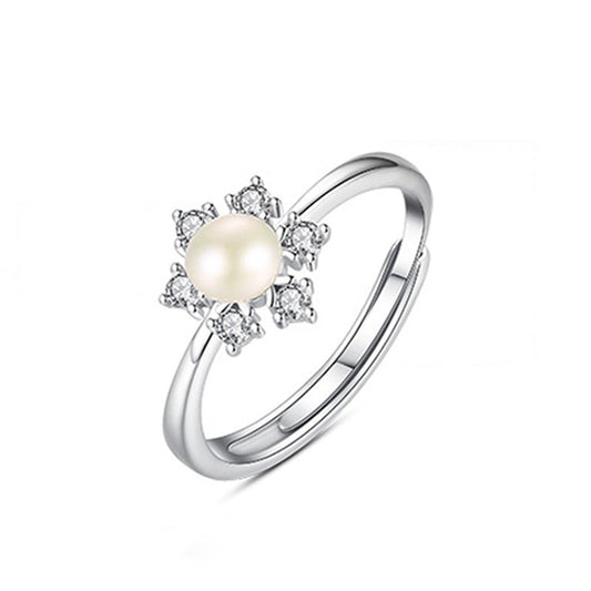 Rings 925 Silver Snowflower Rings Pearl Adjustable Rings - LOVIISA